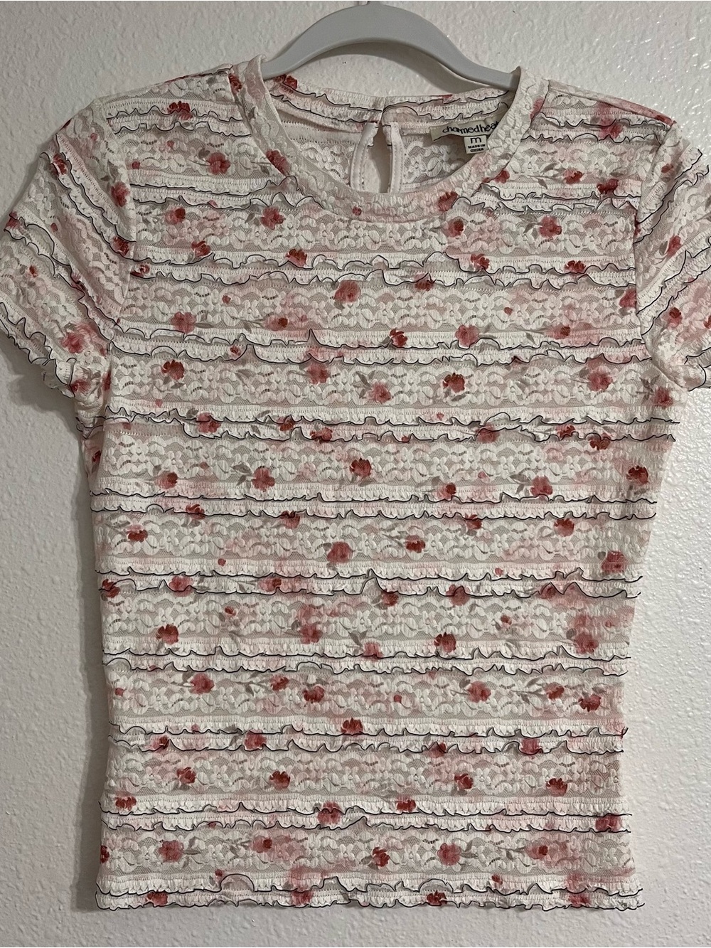 Charmed Hearts White Ditsy Floral Lace Tiered Ruffle Short Sleeve Top